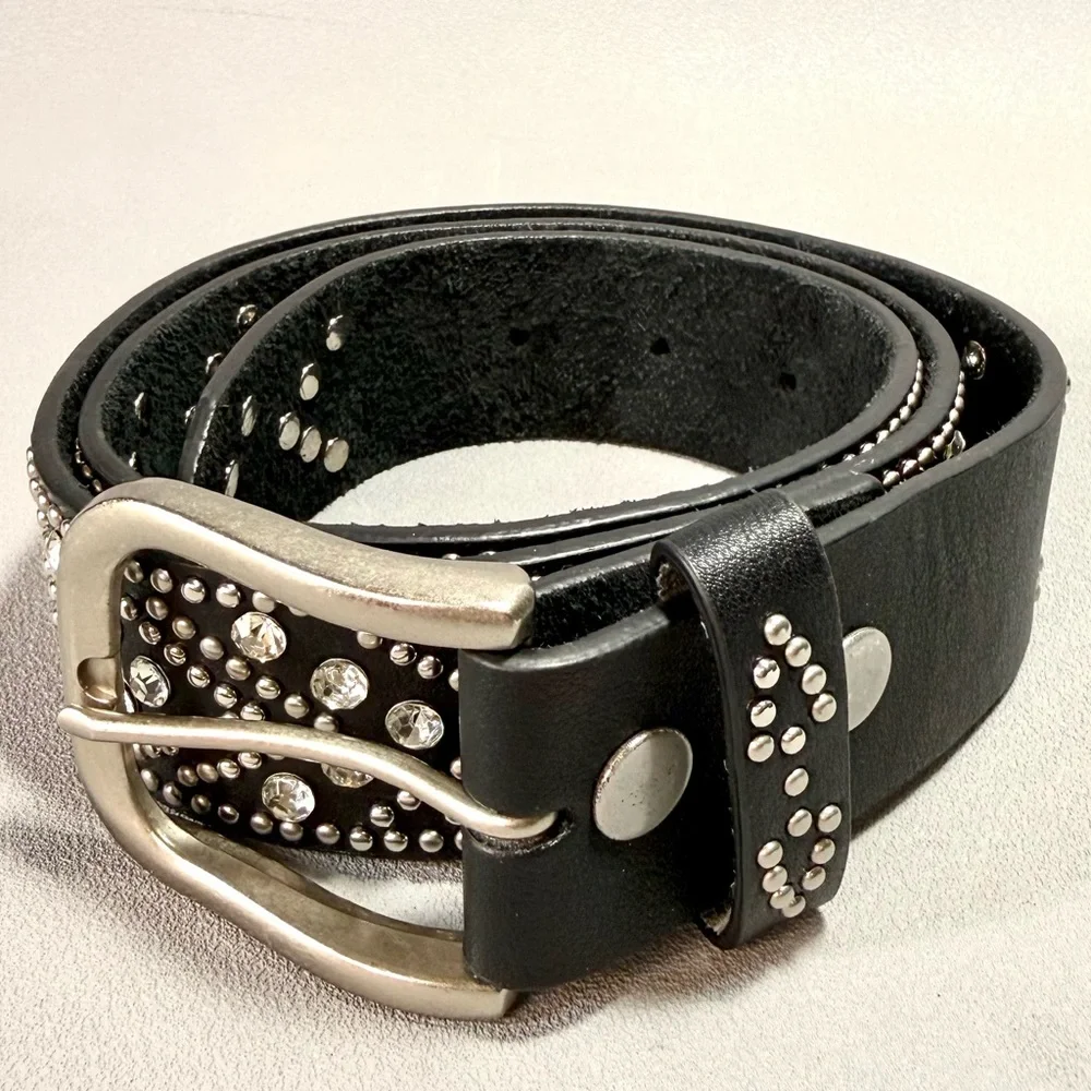 Shyanne Genuine Leather Black Rhinestone and Silver-Tone Studded Belt NWOT